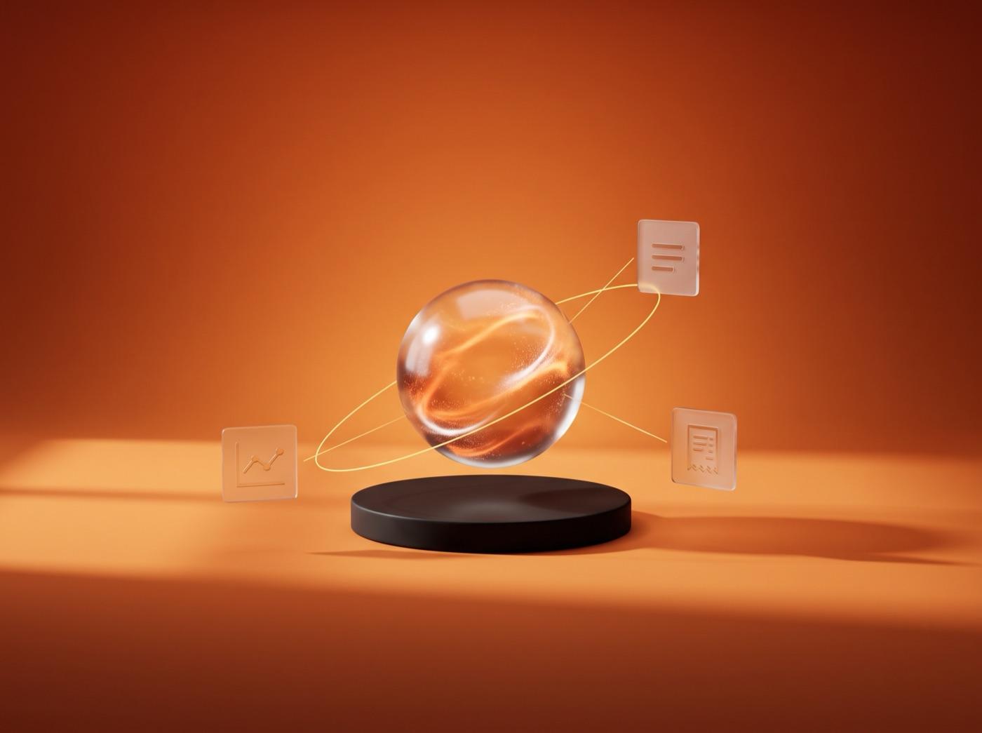 A glowing glass sphere connected by light to chart, menu and receipt tiles