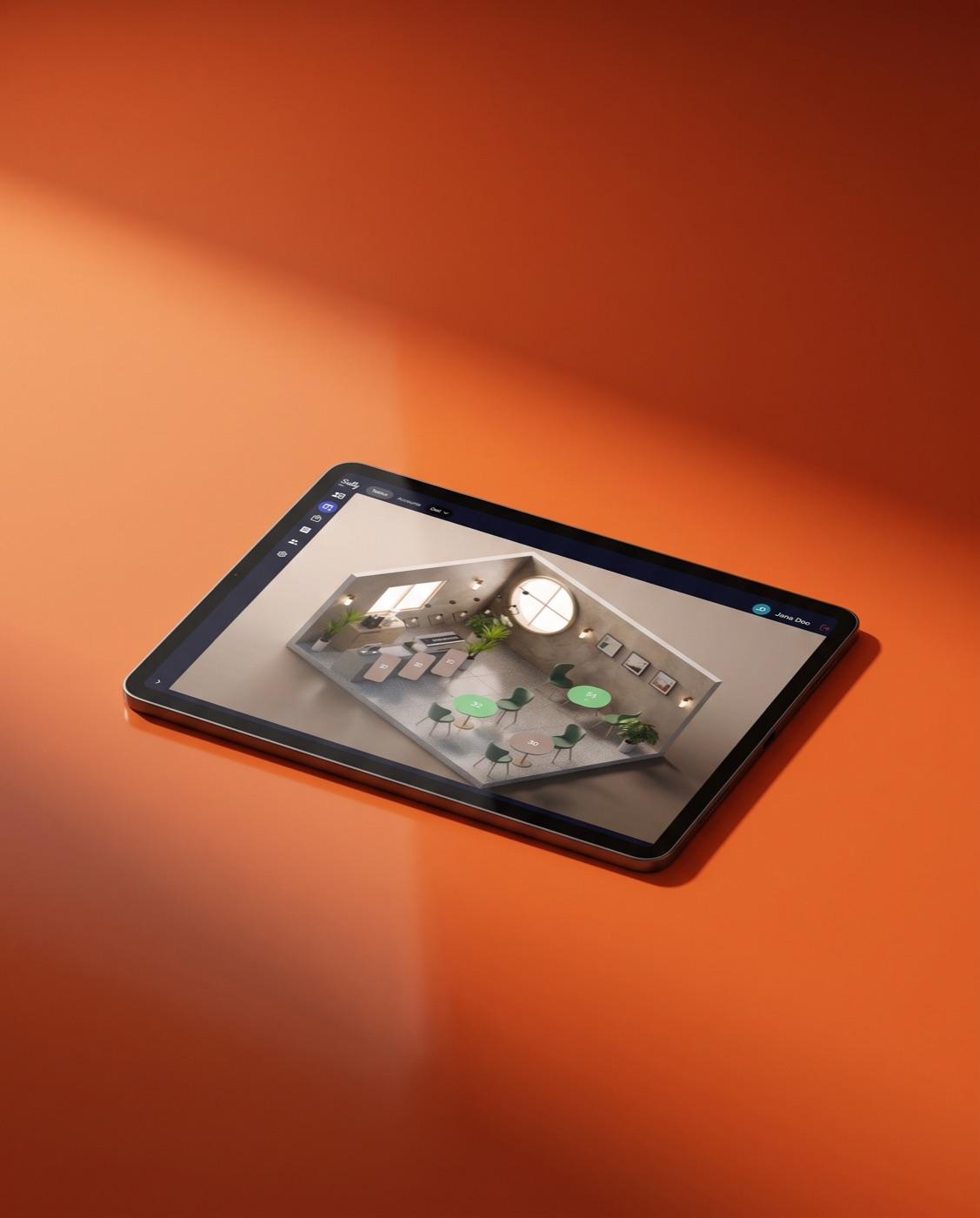 A tablet showing a 3D restaurant floor plan in Sally