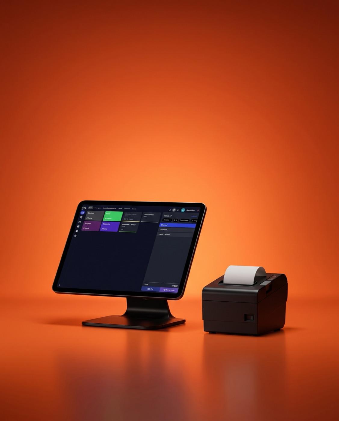 Sally POS on a tablet stand beside a receipt printer
