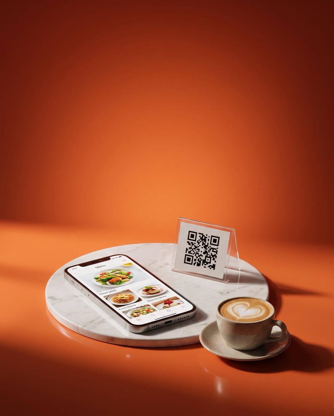 A QR code table stand next to a phone showing a menu