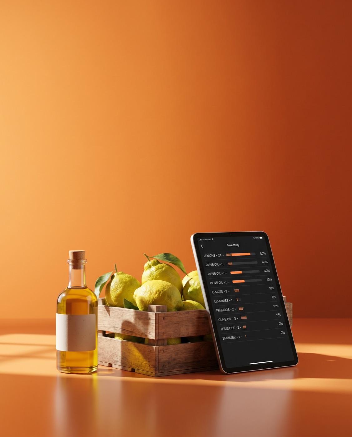 A tablet with a stock list leaning on a crate of lemons