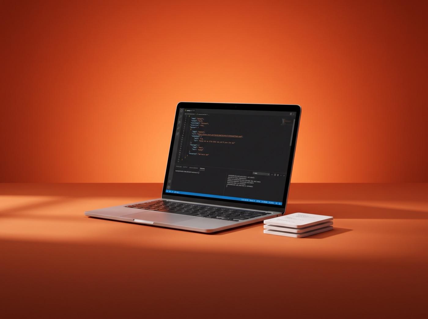 A laptop showing JSON in a code editor