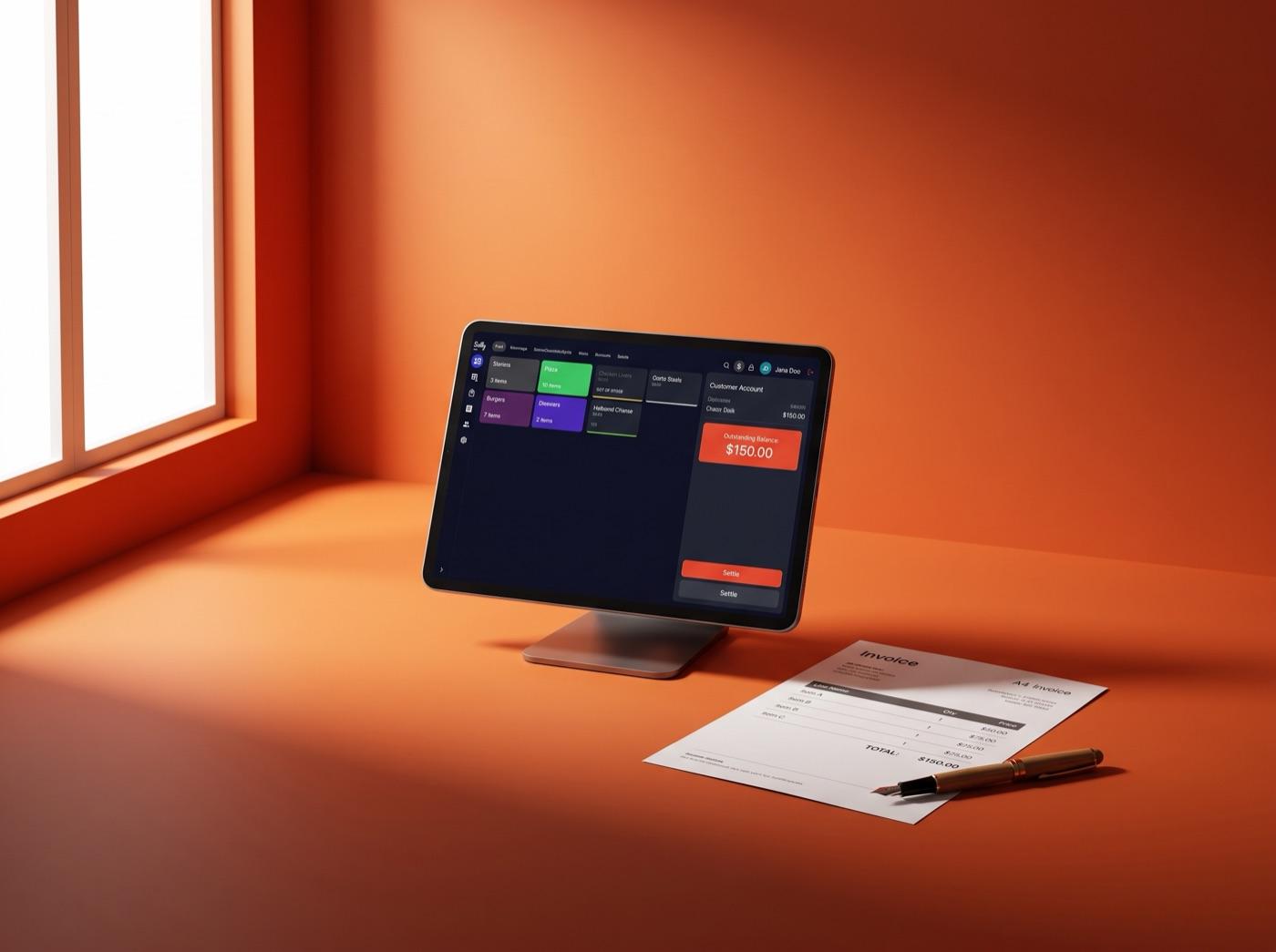 A printed invoice beside a tablet showing a customer's outstanding balance