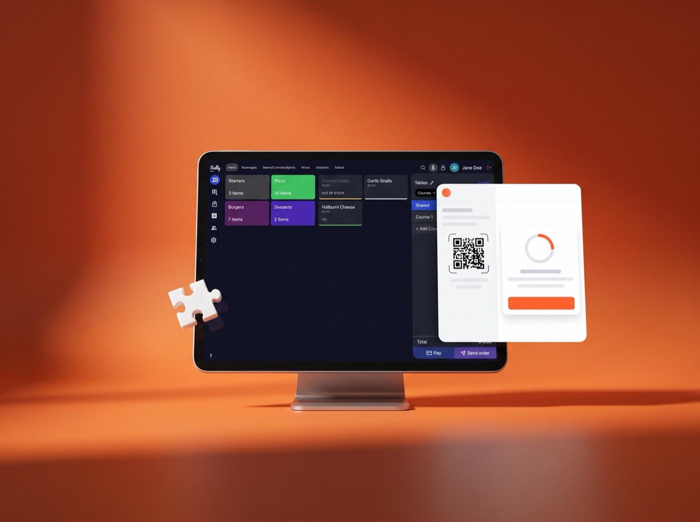 A web app panel sliding in over the Sally POS register on a tablet