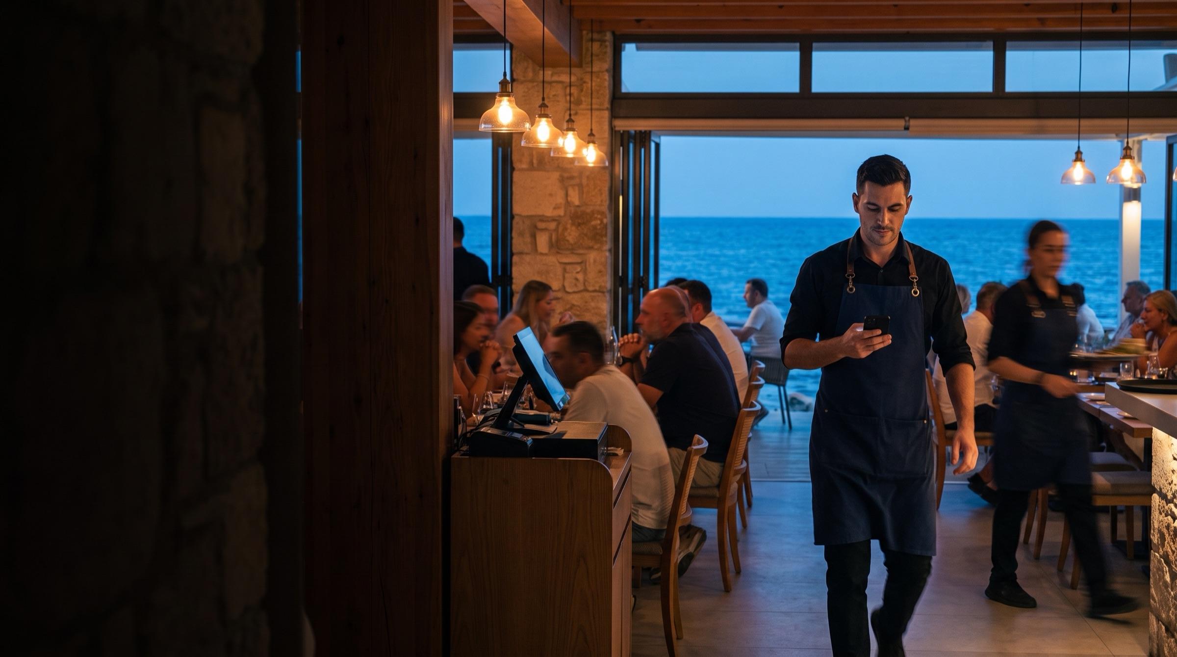 A server taking an order on Sally POS in a busy seaside restaurant