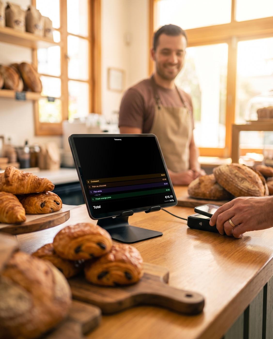 A customer-facing tablet showing the Sally order and total at a bakery counter, next to a card terminal