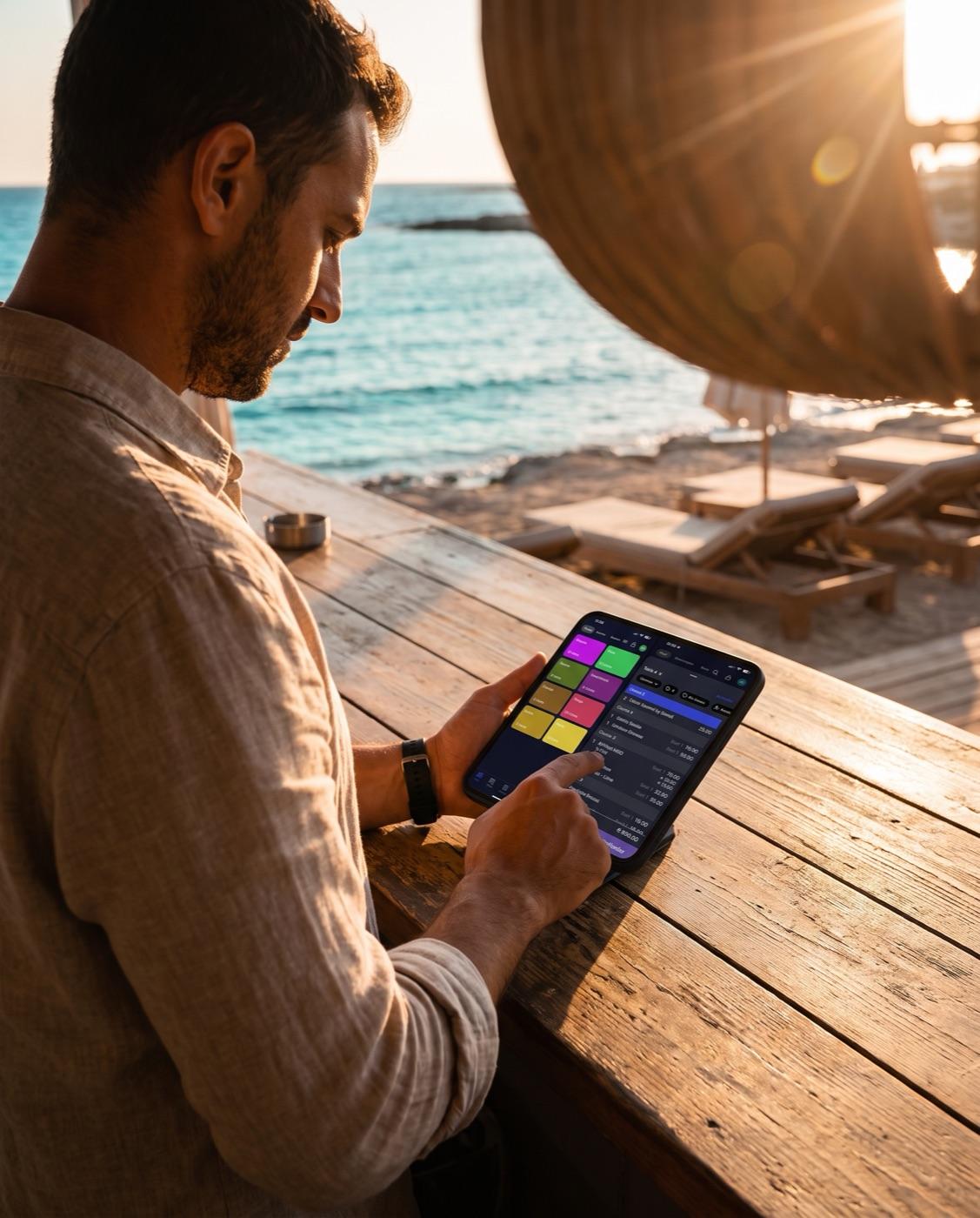 A bartender taking an order on Sally at a Cyprus beach bar