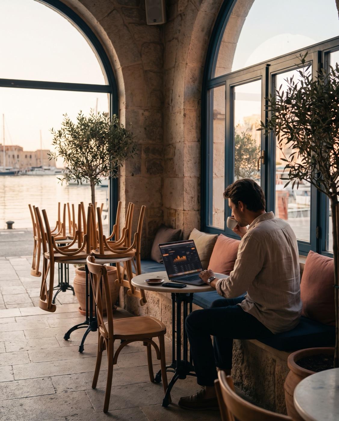 A café owner reviewing Sally reports on a laptop before opening