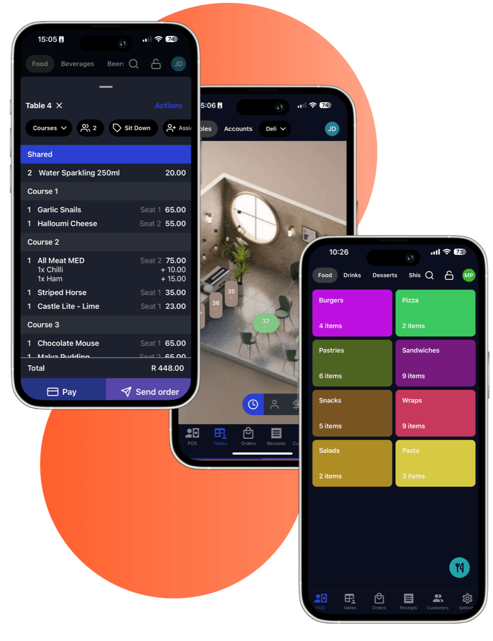 Sally on three phones: a table order split by course and seat, the floor plan and the menu